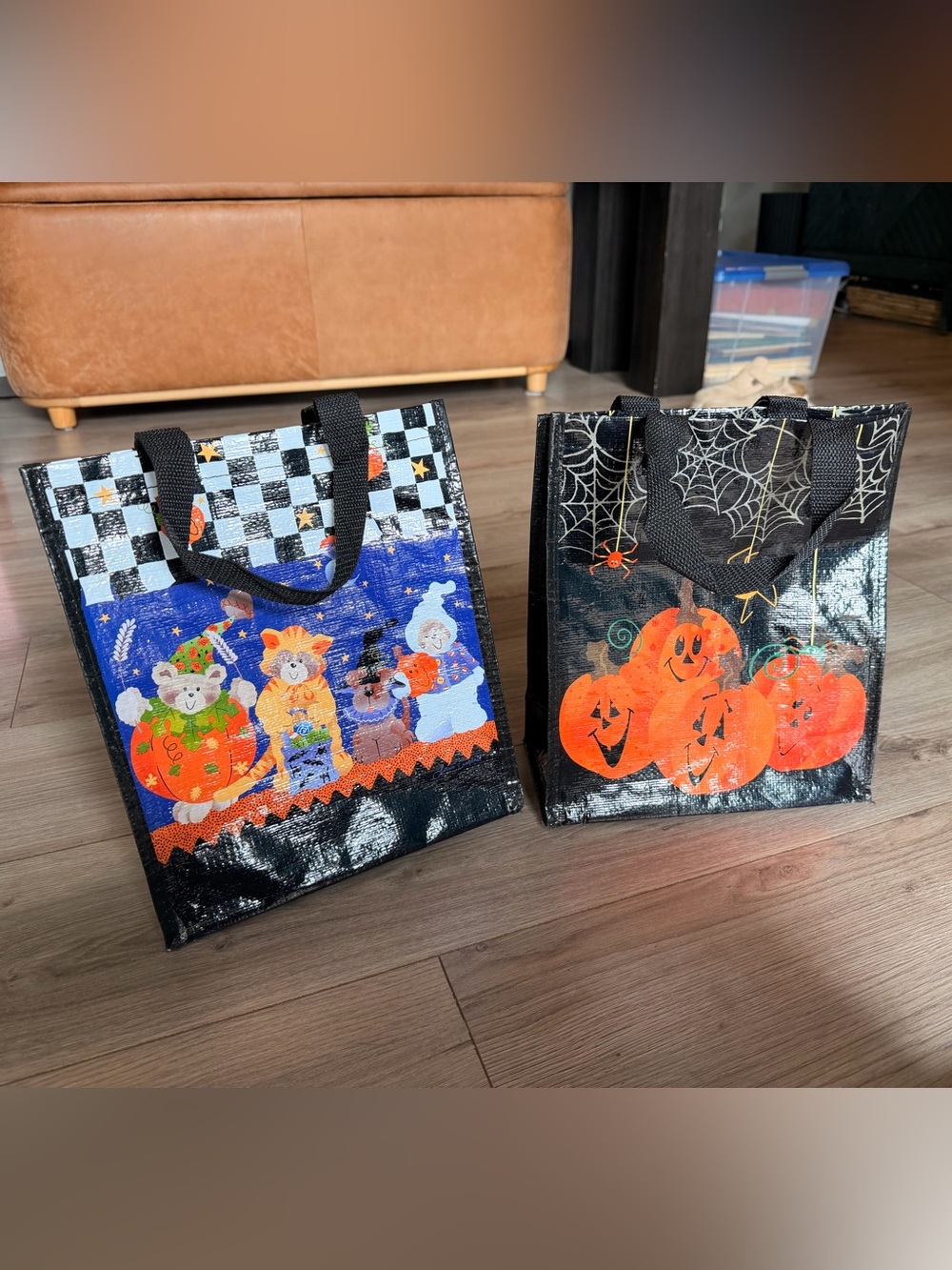 2 Kids Halloween Tote Bag Set - Black and Orange Pumpkin Design